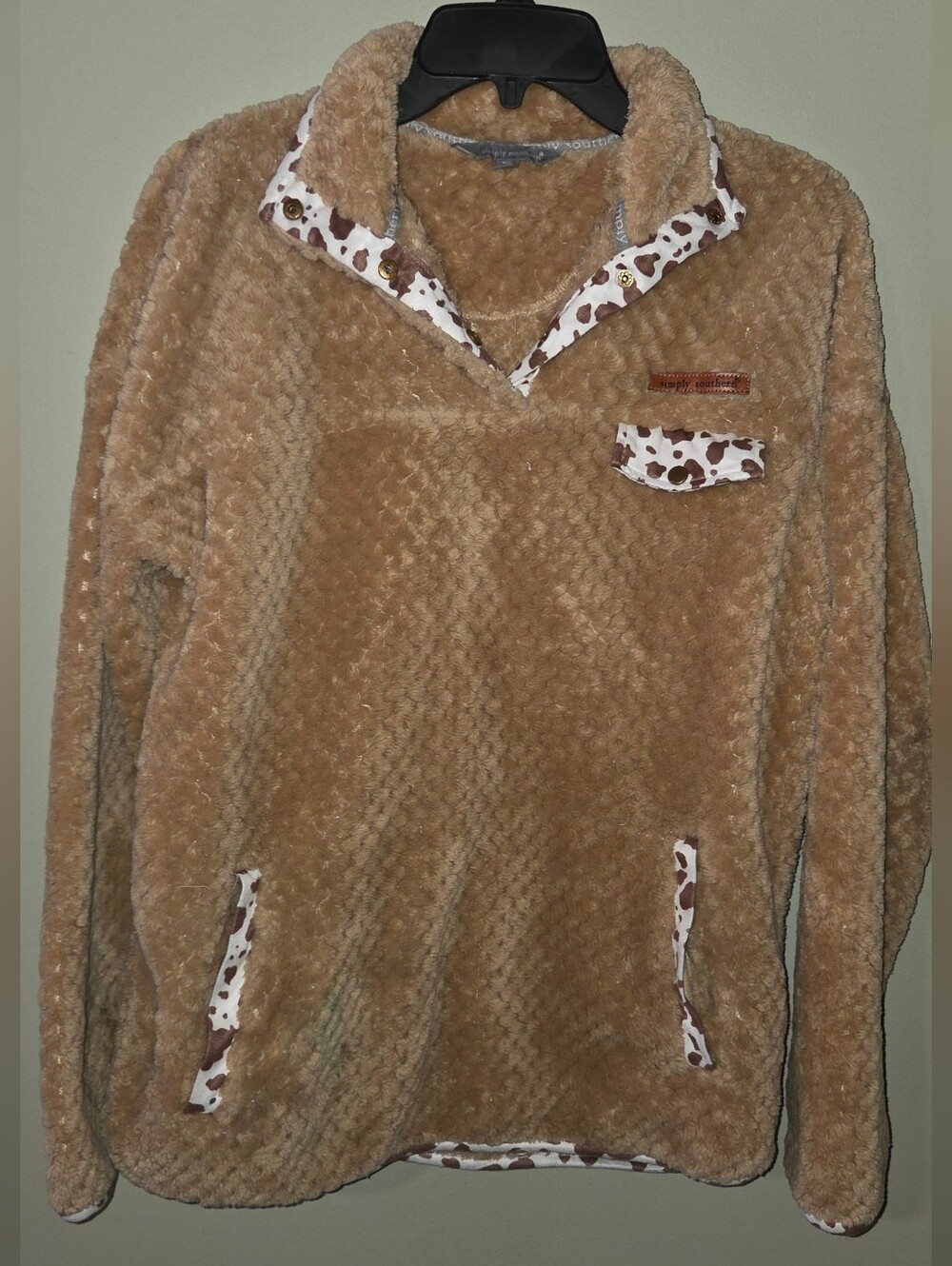 Simply Southern Women's Medium Sherpa Pullover Tan Cow Print Snap Fleece
